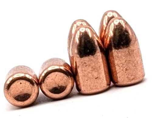 TOR44 9mm projectiles: two showing the plated flat base, four showing the round nose
